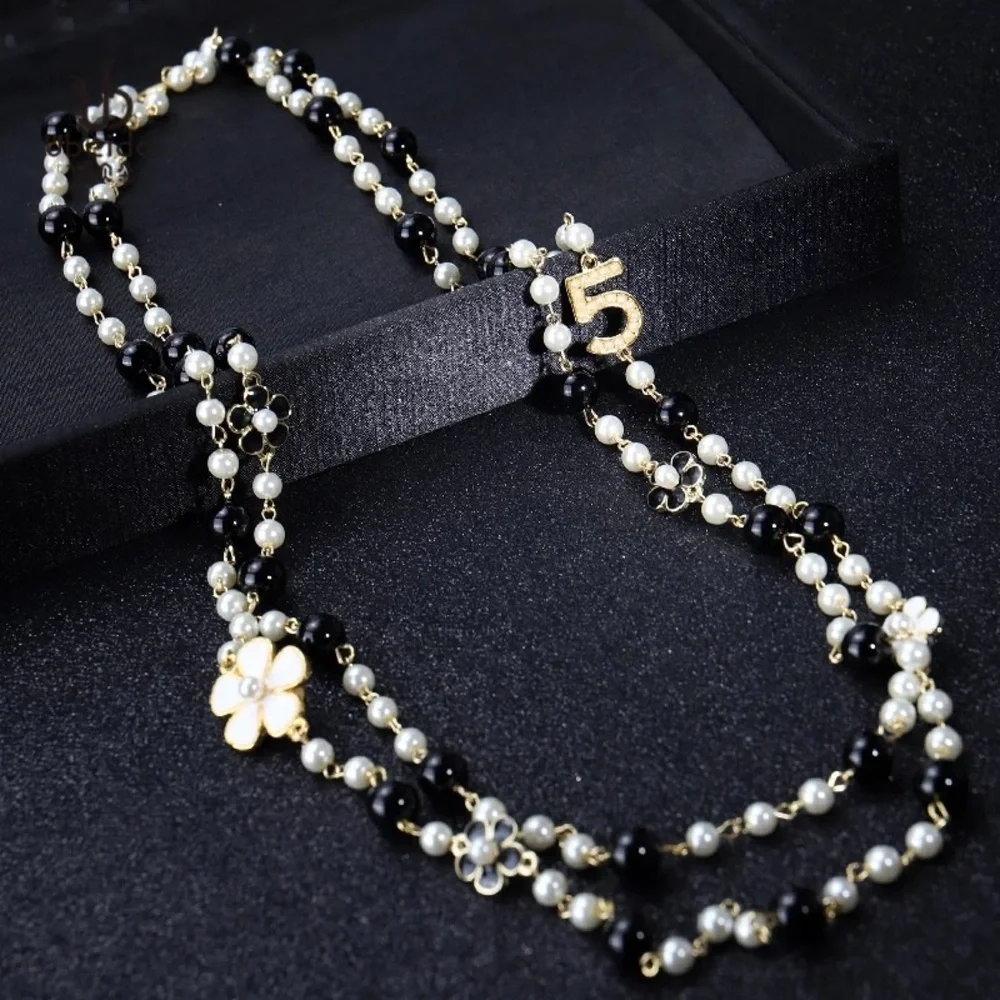 New Pearl Camellia Number5 Flower Double Long Necklace